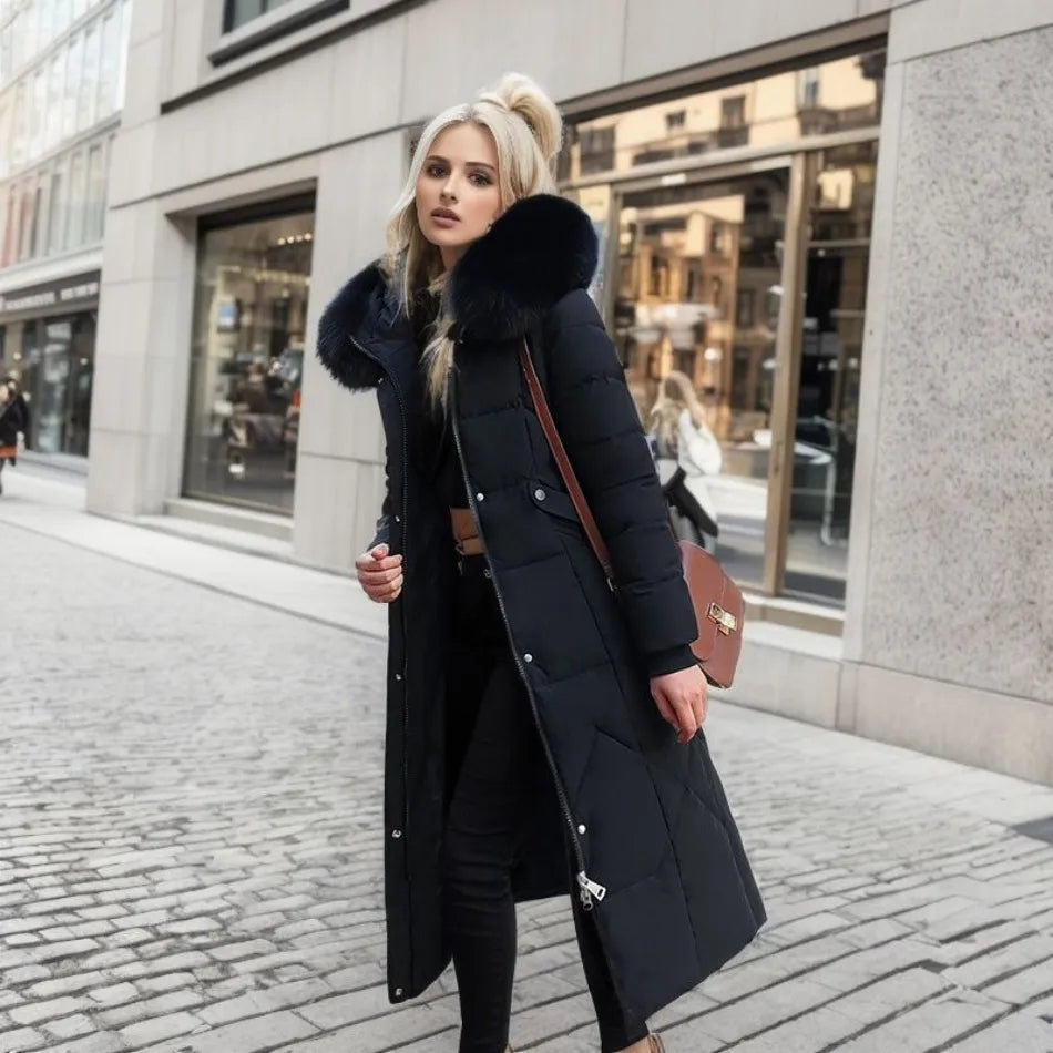 Women's Coat in Winter Maxi Length with Fur-Trimmed Hood - Lolly 