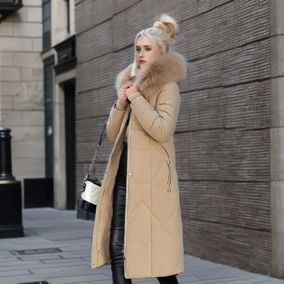 Women's Coat in Winter Maxi Length with Fur-Trimmed Hood - Lolly 