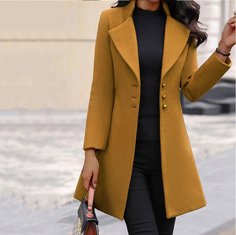 Women's Coat Notched Lapel Single-Breasted Mid-Thigh Length - Lolly 