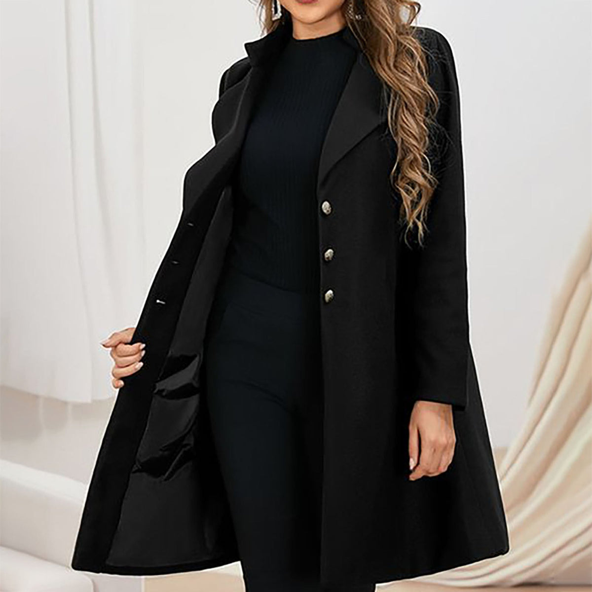 Women's Coat Notched Lapel Single-Breasted Mid-Thigh Length - Lolly 