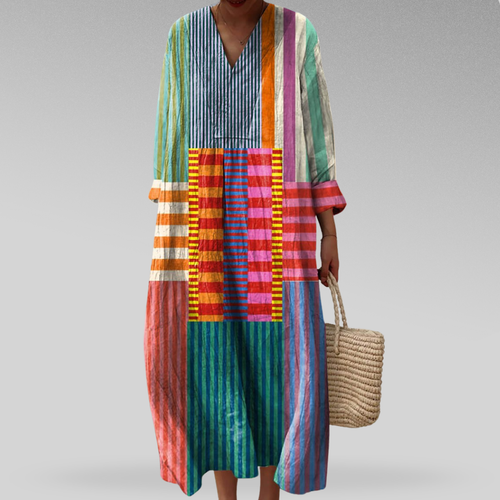 Women's Colorblock Stripe Oversized Maxi Dress V-Neck Long Sleeve Casual Summer - Lolly 