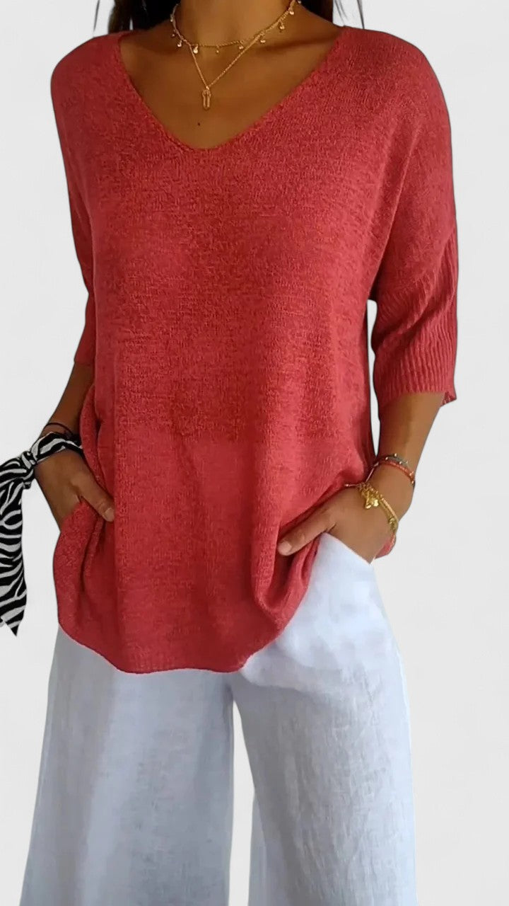Women's Comfortable V-Neck Long Sleeve Top Flattering Wrinkle-Resistant Versatile – Sonylah - Lolly 