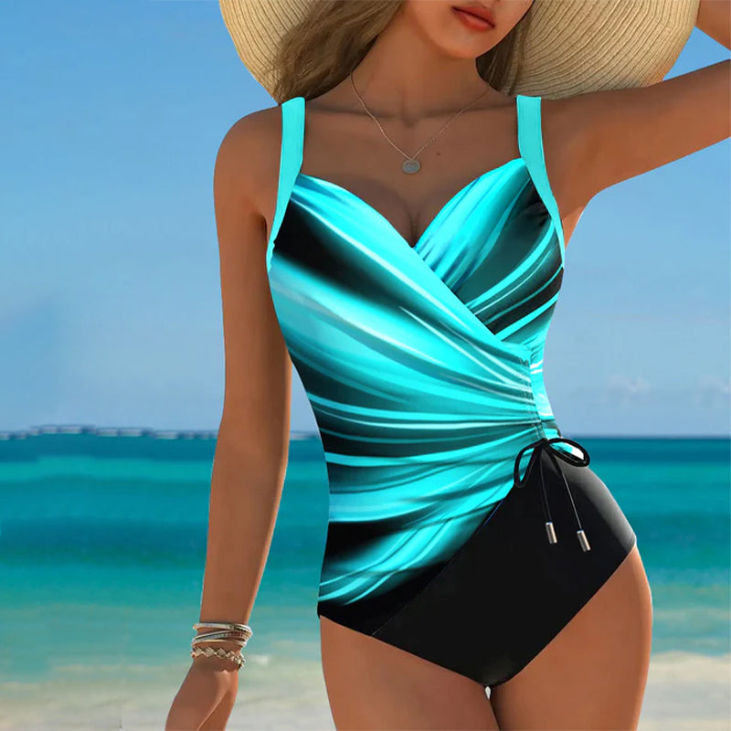 Women's Contrast Color Lace-Up One-Piece Swimsuit Wrap Front Colorblock Sleeveless Beach Summer Swimwear - Lolly 