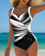 Women's Contrast Color Lace-Up One-Piece Swimsuit Wrap Front Colorblock Sleeveless Beach Summer Swimwear - Lolly 