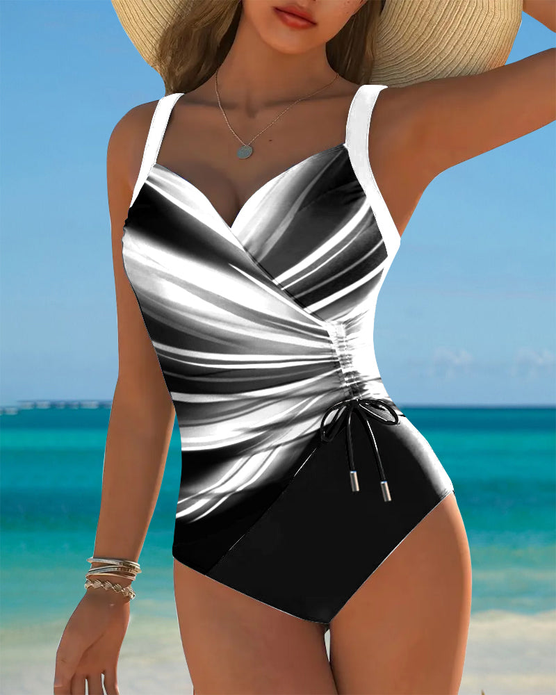 Women's Contrast Color Lace-Up One-Piece Swimsuit Wrap Front Colorblock Sleeveless Beach Summer Swimwear - Lolly 