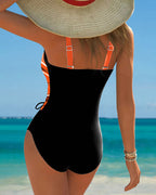 Women's Contrast Color Lace-Up One-Piece Swimsuit Wrap Front Colorblock Sleeveless Beach Summer Swimwear - Lolly 