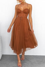 Women's Corset Midi Dress Tulle Skirt Spaghetti Straps Wedding Guest Summer - Lolly 