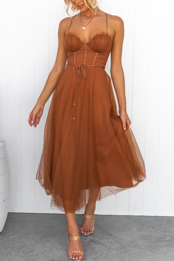 Women's Corset Midi Dress Tulle Skirt Spaghetti Straps Wedding Guest Summer - Lolly 