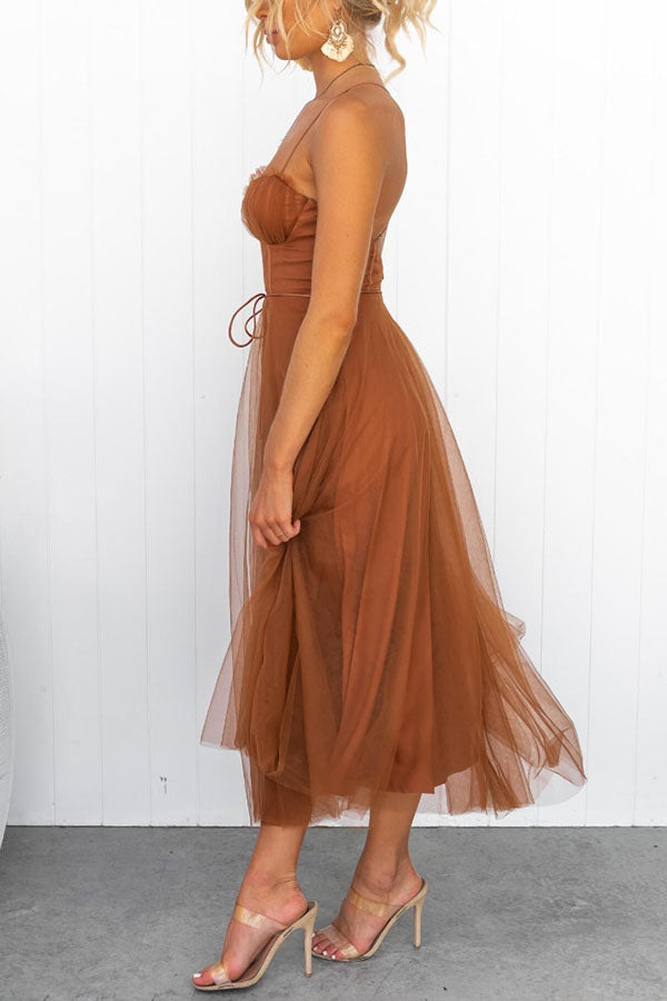 Women's Corset Midi Dress Tulle Skirt Spaghetti Straps Wedding Guest Summer - Lolly 