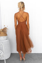 Women's Corset Midi Dress Tulle Skirt Spaghetti Straps Wedding Guest Summer - Lolly 