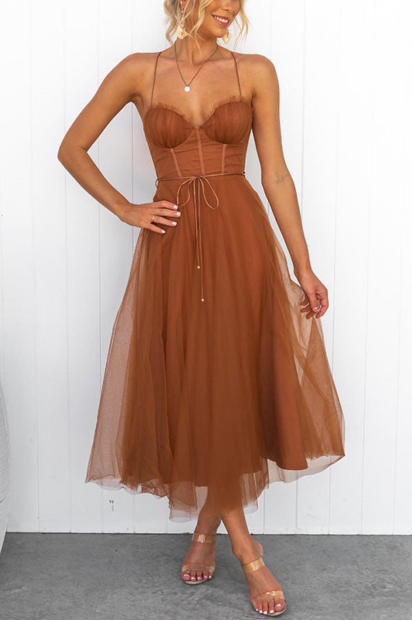 Women's Corset Midi Dress Tulle Skirt Spaghetti Straps Wedding Guest Summer - Lolly 