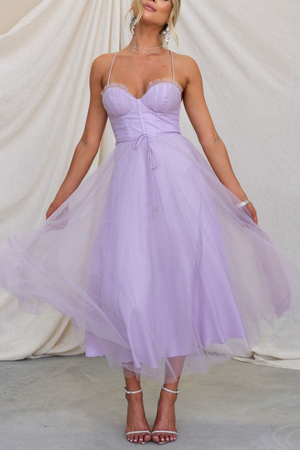 Women's Corset Midi Dress Tulle Skirt Spaghetti Straps Wedding Guest Summer - Lolly 