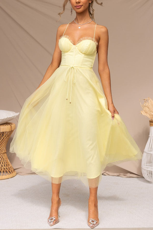 Women's Corset Midi Dress Tulle Skirt Spaghetti Straps Wedding Guest Summer - Lolly 
