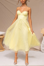 Women's Corset Midi Dress Tulle Skirt Spaghetti Straps Wedding Guest Summer - Lolly 