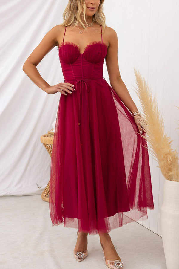 Women's Corset Midi Dress Tulle Skirt Spaghetti Straps Wedding Guest Summer - Lolly 
