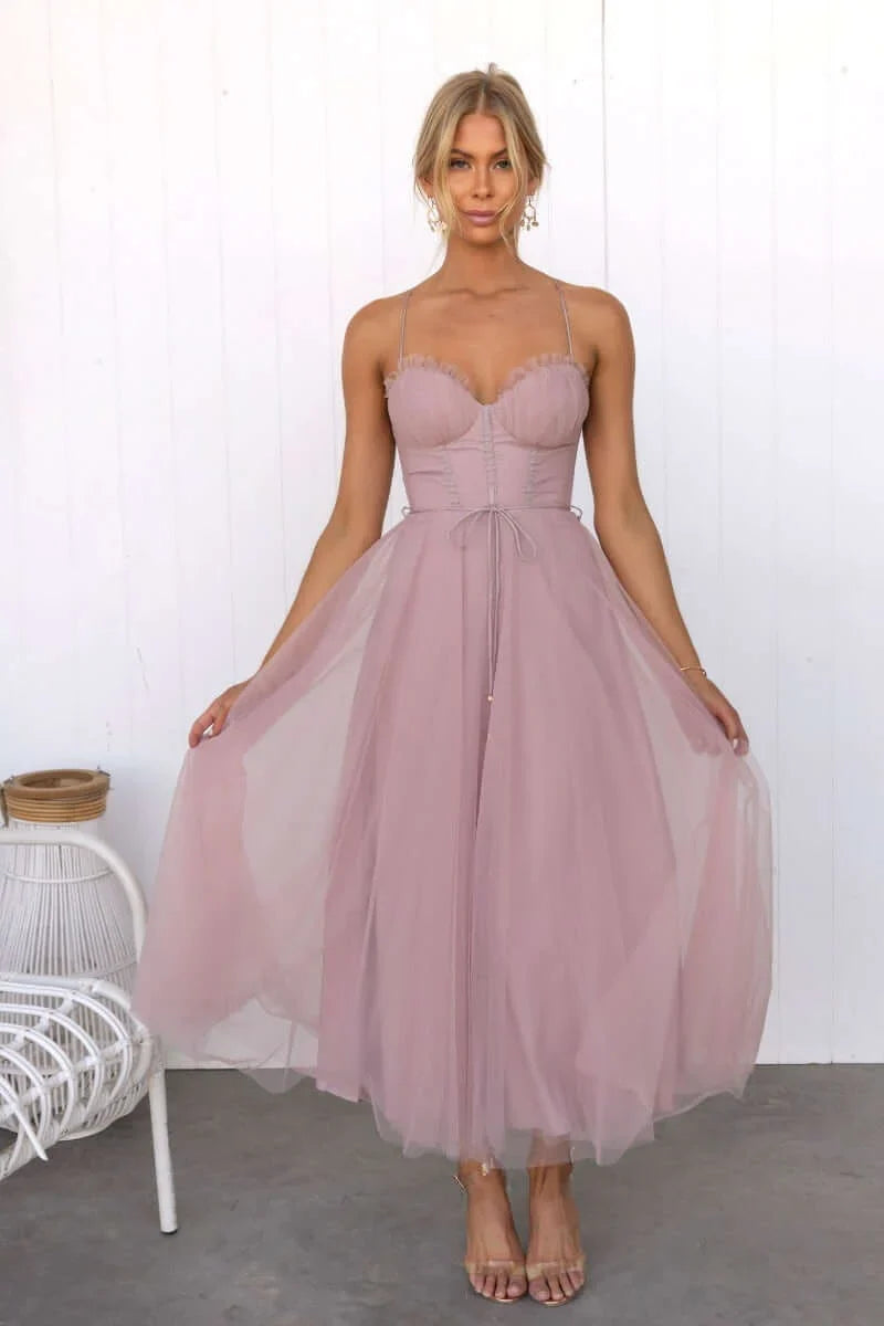 Women's Corset Midi Dress Tulle Skirt Spaghetti Straps Wedding Guest Summer - Lolly 