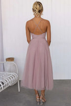 Women's Corset Midi Dress Tulle Skirt Spaghetti Straps Wedding Guest Summer - Lolly 