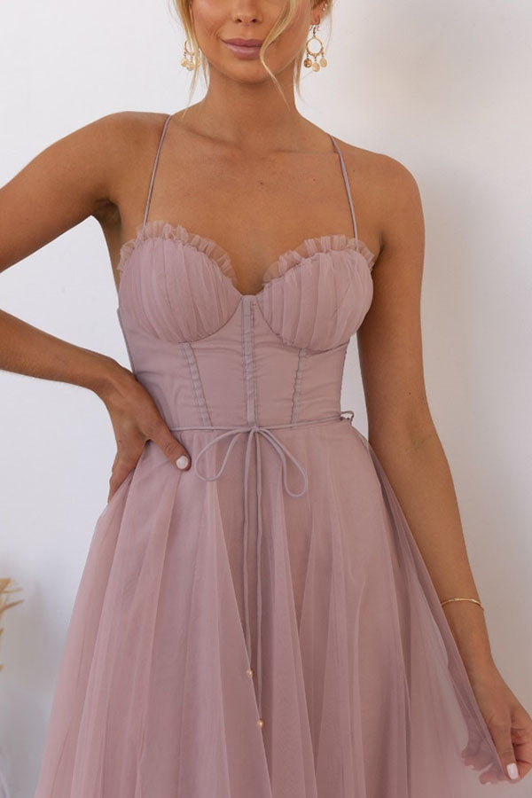 Women's Corset Midi Dress Tulle Skirt Spaghetti Straps Wedding Guest Summer - Lolly 
