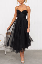 Women's Corset Midi Dress Tulle Skirt Spaghetti Straps Wedding Guest Summer - Lolly 