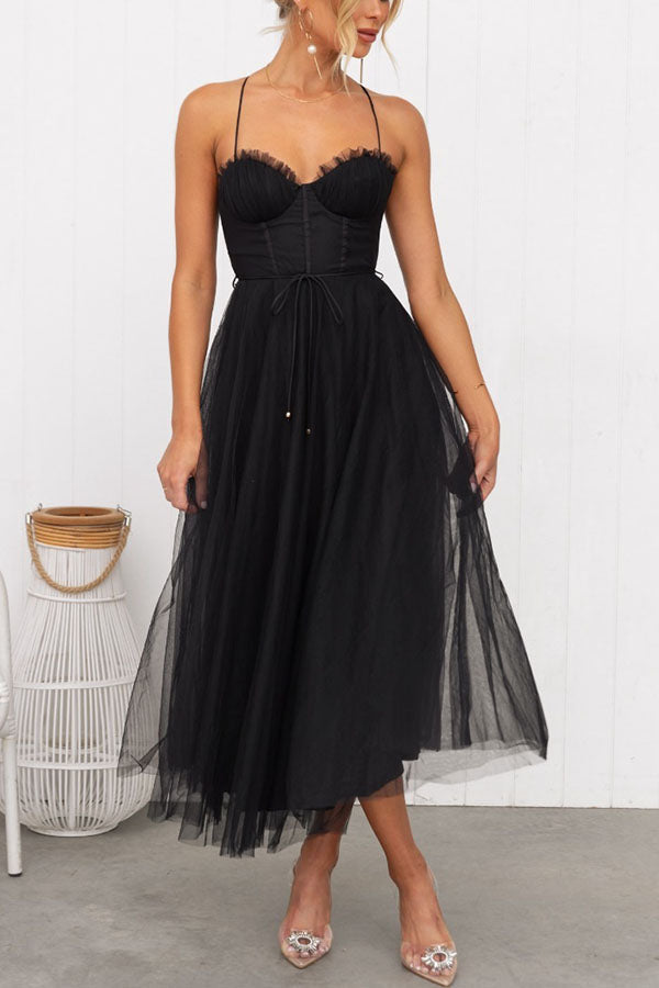 Women's Corset Midi Dress Tulle Skirt Spaghetti Straps Wedding Guest Summer - Lolly 