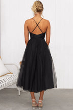 Women's Corset Midi Dress Tulle Skirt Spaghetti Straps Wedding Guest Summer - Lolly 