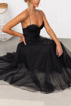 Women's Corset Midi Dress Tulle Skirt Spaghetti Straps Wedding Guest Summer - Lolly 