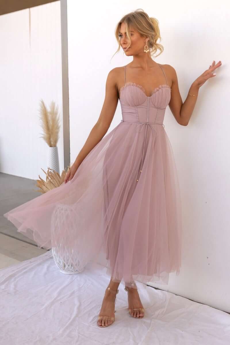 Women's Corset Midi Dress Tulle Skirt Spaghetti Straps Wedding Guest Summer - Lolly 