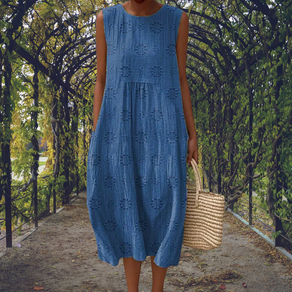 Women's Cotton Embroidered Sleeveless Midi Dress Summer Casual Gathered Crinkle - Lolly 
