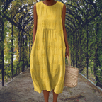 Women's Cotton Embroidered Sleeveless Midi Dress Summer Casual Gathered Crinkle - Lolly 