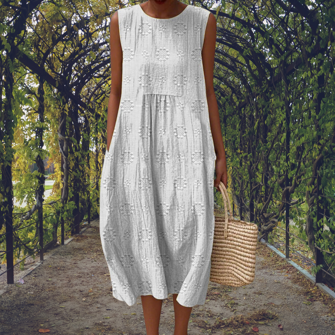 Women's Cotton Embroidered Sleeveless Midi Dress Summer Casual Gathered Crinkle - Lolly 