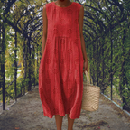 Women's Cotton Embroidered Sleeveless Midi Dress Summer Casual Gathered Crinkle - Lolly 