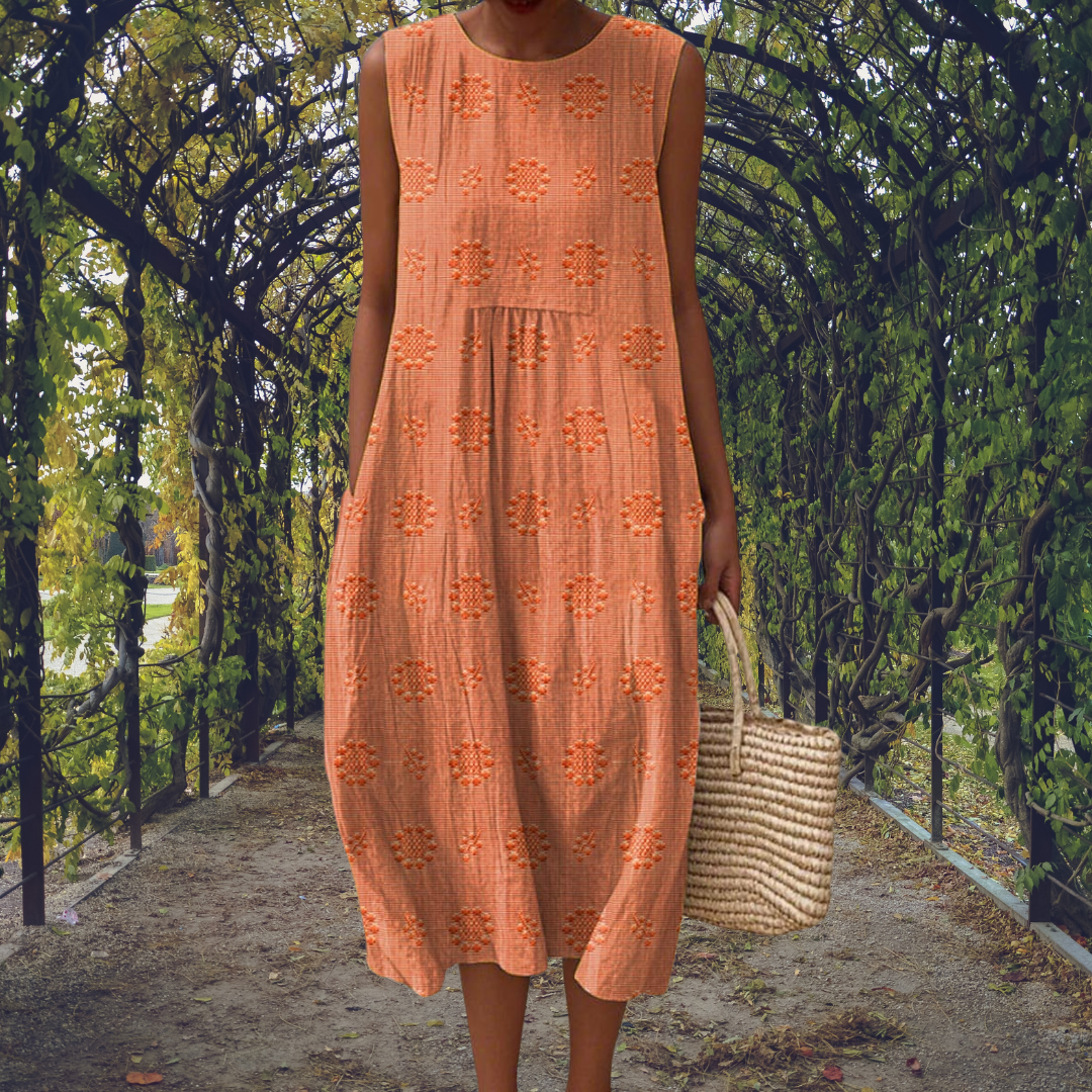 Women's Cotton Embroidered Sleeveless Midi Dress Summer Casual Gathered Crinkle - Lolly 