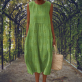 Women's Cotton Embroidered Sleeveless Midi Dress Summer Casual Gathered Crinkle - Lolly 