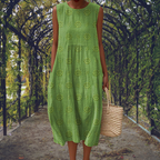 Women's Cotton Embroidered Sleeveless Midi Dress Summer Casual Gathered Crinkle - Lolly 
