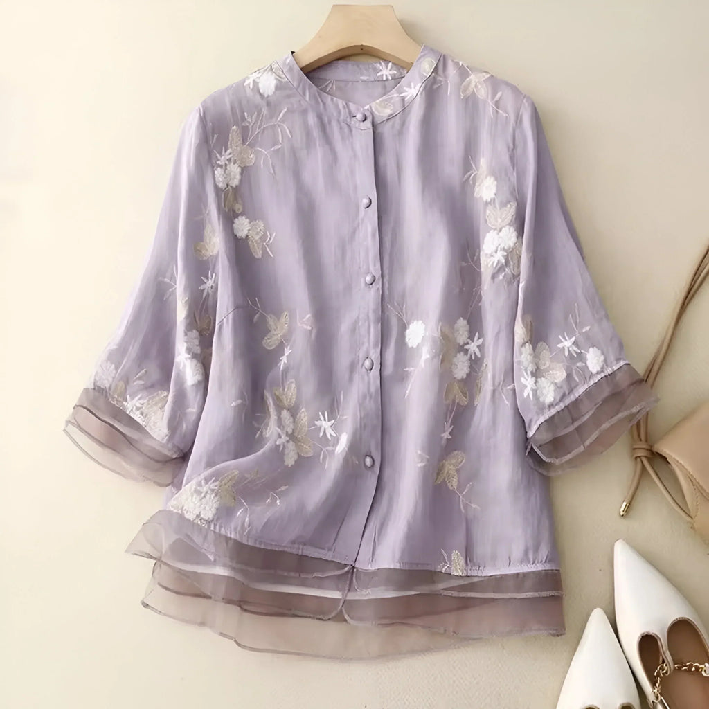 Women's Cotton Top Embroidered Flowers Feminine Soft Breathable Casual Elegant Everyday – Emily - Lolly 