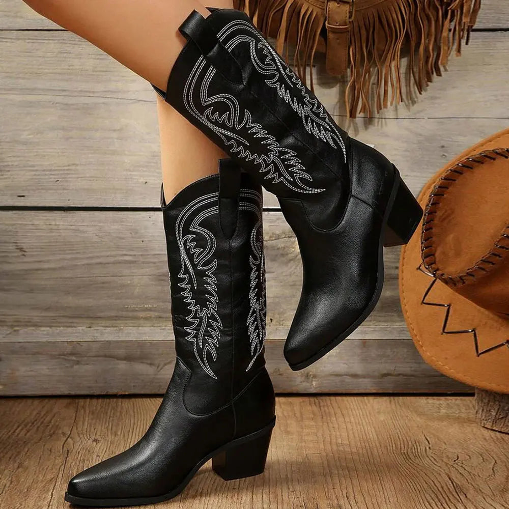 Women's Cowboy Boots Knee-High Western Pointed Toe Pull-On Block Heel - Lolly 