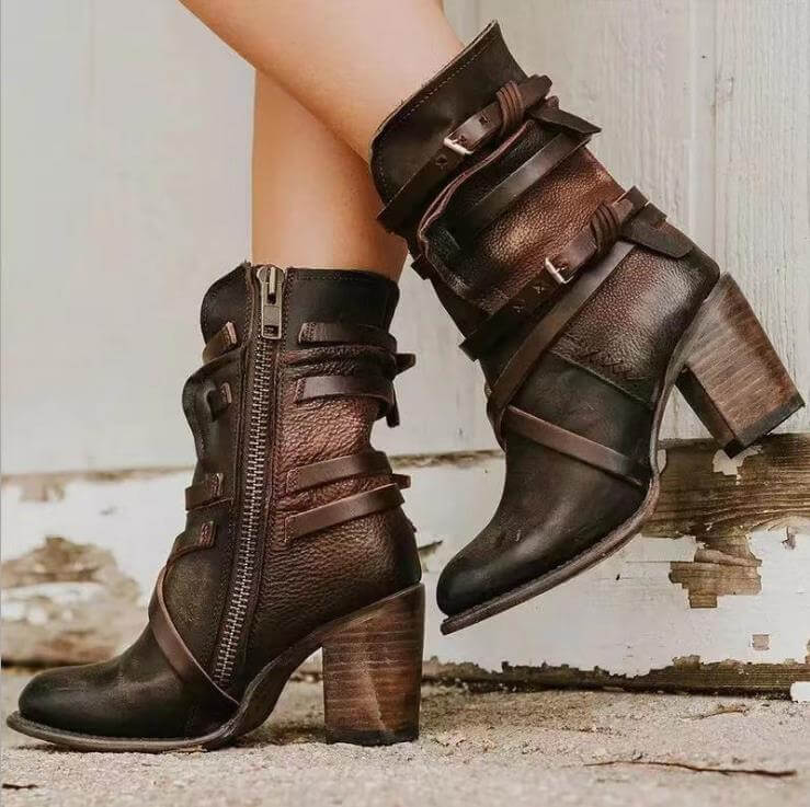 Women's Cowgirl Boots Mid-Calf Block Heel Buckle Strap Western Side Zip - Lolly 