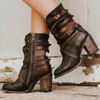 Women's Cowgirl Boots Mid-Calf Block Heel Buckle Strap Western Side Zip - Lolly 