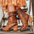 Women's Cowgirl Boots Mid-Calf Block Heel Buckle Strap Western Side Zip - Lolly 