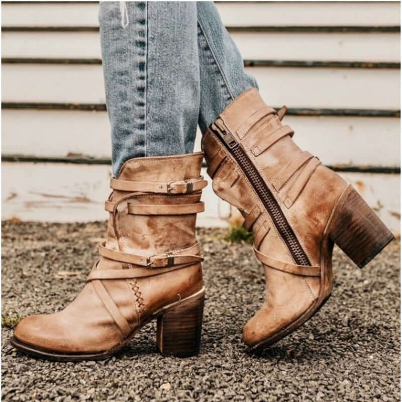 Women's Cowgirl Boots Mid-Calf Block Heel Buckle Strap Western Side Zip - Lolly 