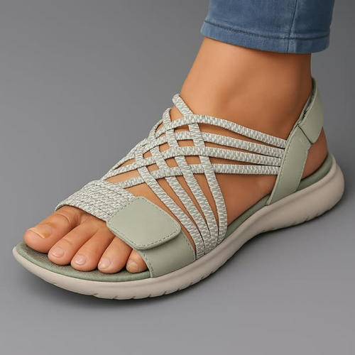 Women's Crisscross Elastic Strap Sandals Open Toe Slingback Cushioned Flat Summer Walking - Lolly 