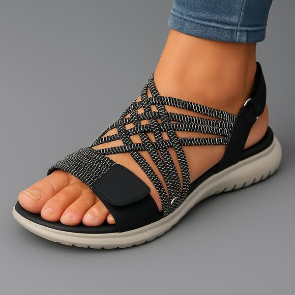 Women's Crisscross Elastic Strap Sandals Open Toe Slingback Cushioned Flat Summer Walking - Lolly 