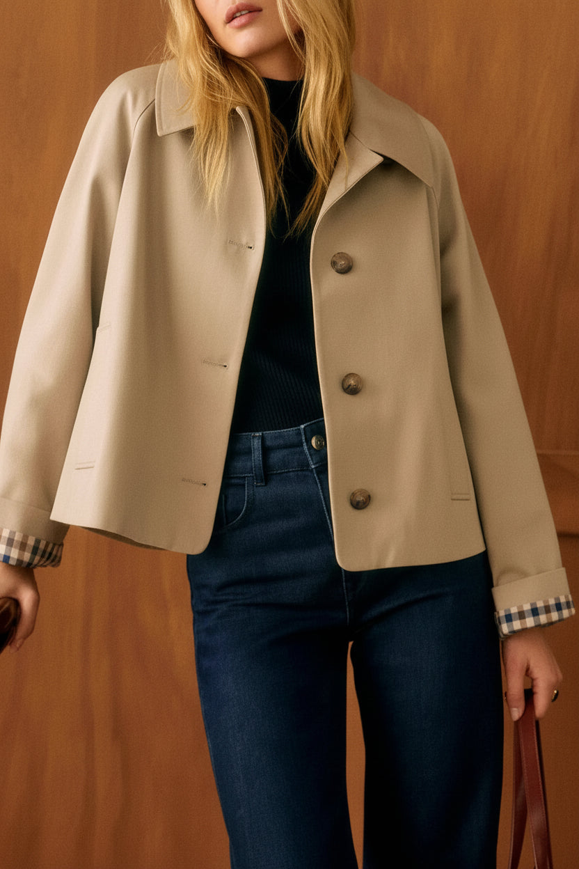 Women's Cropped Trench Coat Double-Breasted Check Lining Turn-Down Collar Casual Jacket - Lolly 