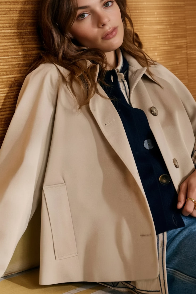Women's Cropped Trench Coat Double-Breasted Check Lining Turn-Down Collar Casual Jacket - Lolly 