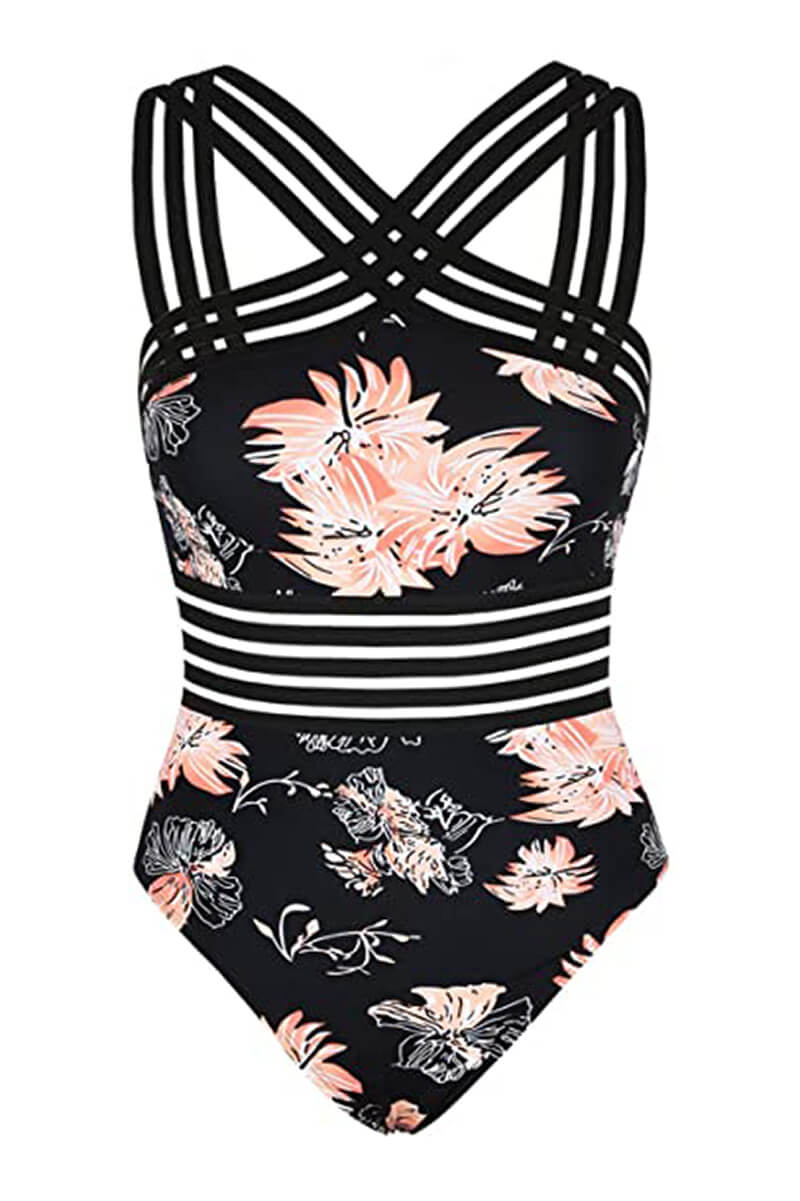 Women's Crossed Strappy Monokini One-Piece Swimsuit Criss-Cross Halter Sheer Band Sculpting Beach Summer Swimwear - Lolly 