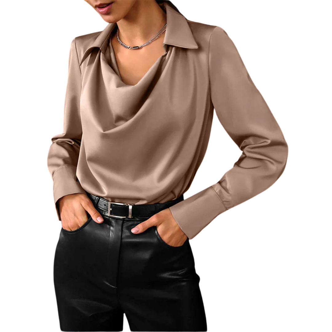 Women's Drape Neck Long Sleeve Satin Blouse Silky Elegant Office Evening Versatile Chic – Samantha - Lolly 