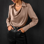 Women's Drape Neck Long Sleeve Satin Blouse Silky Elegant Office Evening Versatile Chic – Samantha - Lolly 