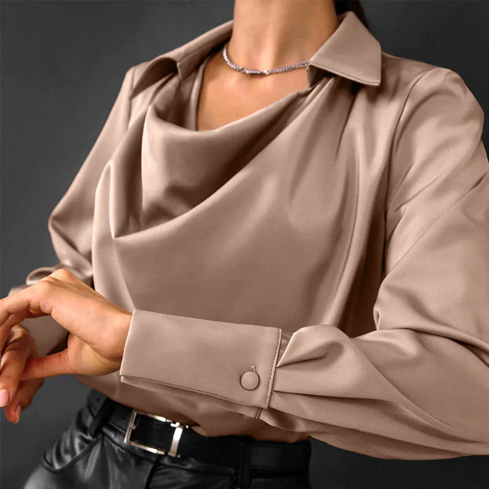 Women's Drape Neck Long Sleeve Satin Blouse Silky Elegant Office Evening Versatile Chic – Samantha - Lolly 
