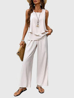 Women's Elegant 2-Piece Summer Set Square Neck Top Wide-Leg Pants Floral Print Casual Chic – Brenda - Lolly 