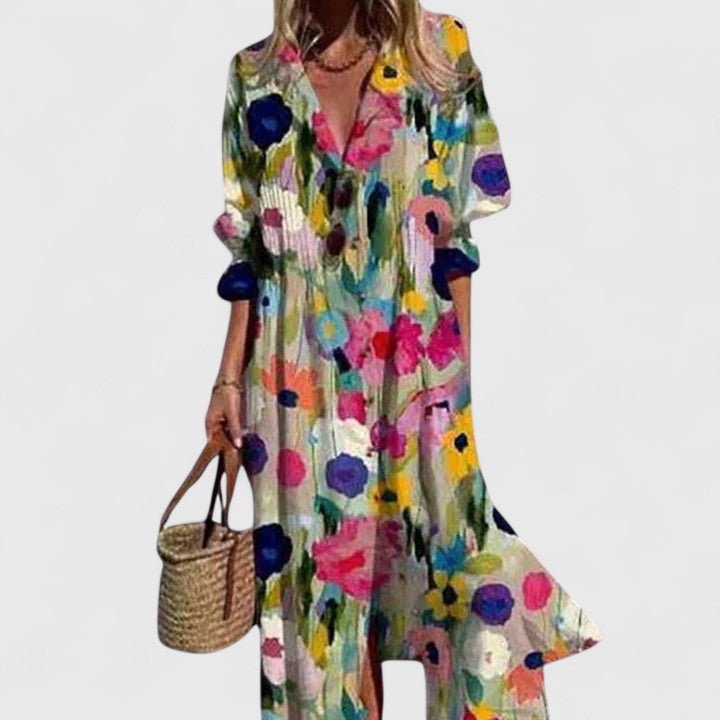 Women's Elegant Boho Floral Midi Summer Dress Bold Print Sleeveless Flowing Casual – Paula - Lolly 